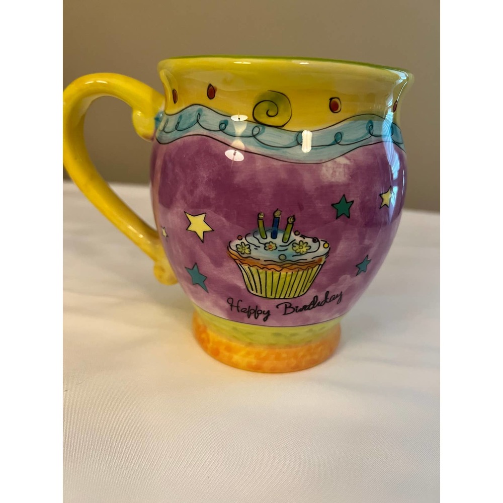 Sue Zipkin Certified International Colorful Happy Birthday Mug 5" tall x 4" wide